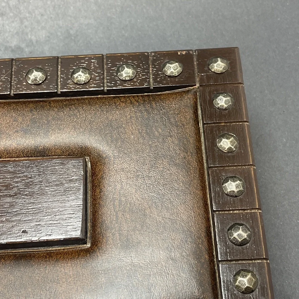 Vintage London Leather Wood & Leather Jewelry Box, Brass Studs Gold Velvet Lined